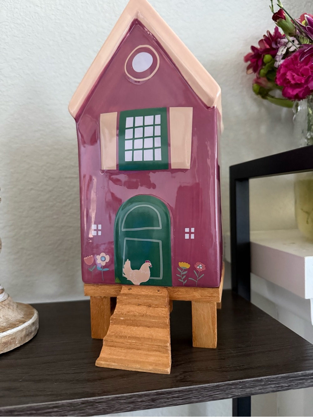 Hand-Painted Ceramic Birdhouse with Green Door - Pink & Peach Roof